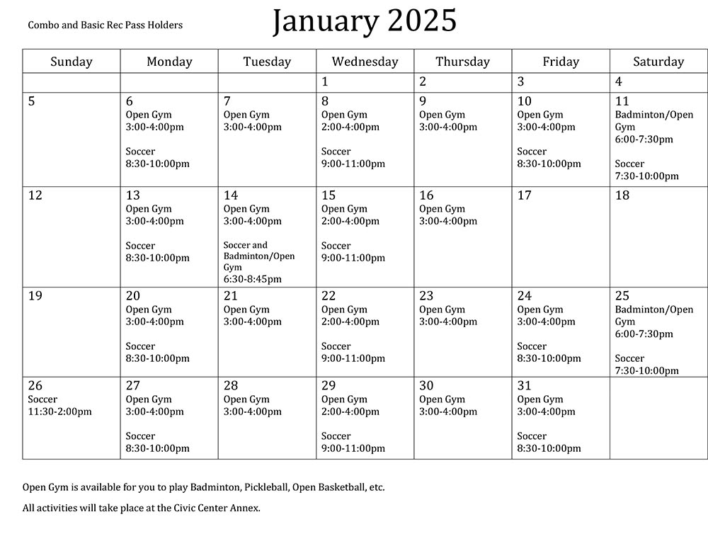 Jan. 2025 Rec Pass Schedule